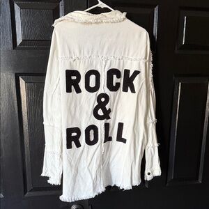 White Fringe Shirt Jacket with Black 'ROCK & ROLL' Graphic